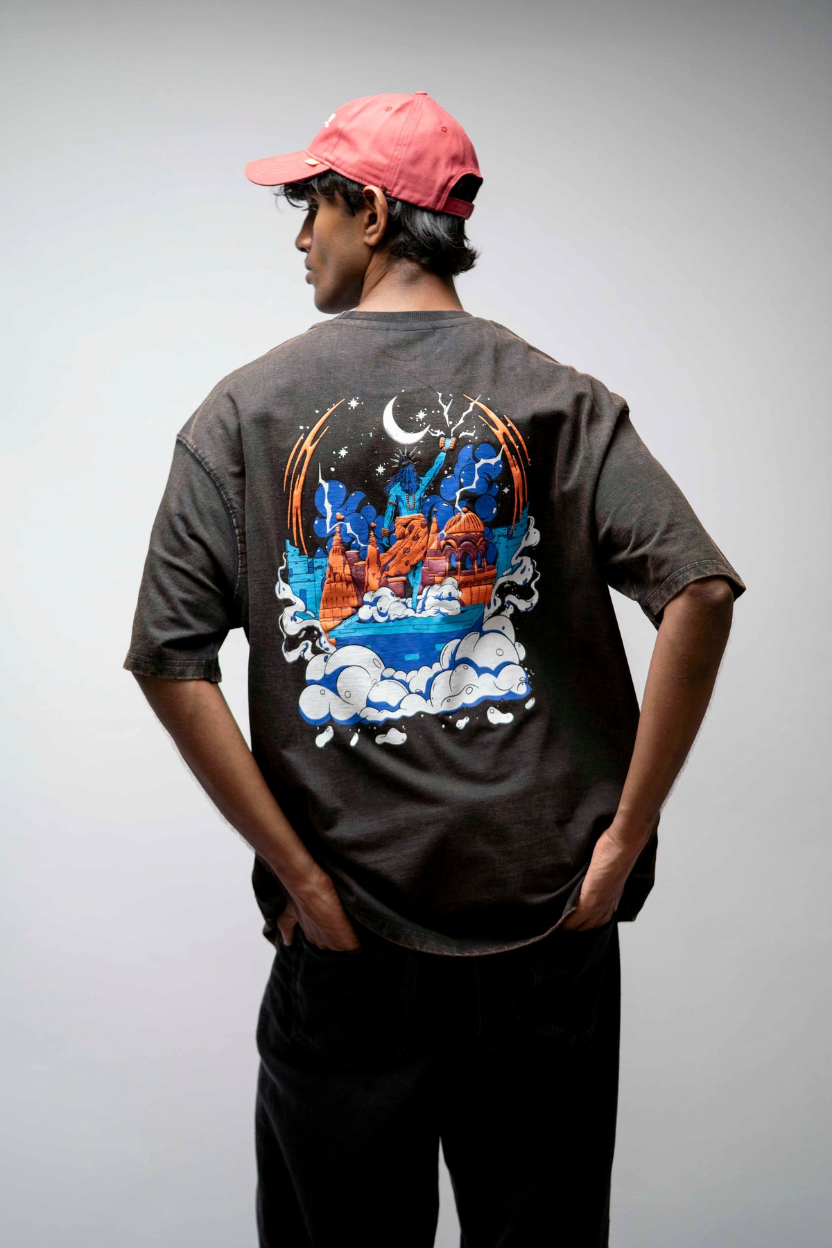OVERSIZE TEE, Shiva Standing – Black Acid Wash Oversized T-Shir