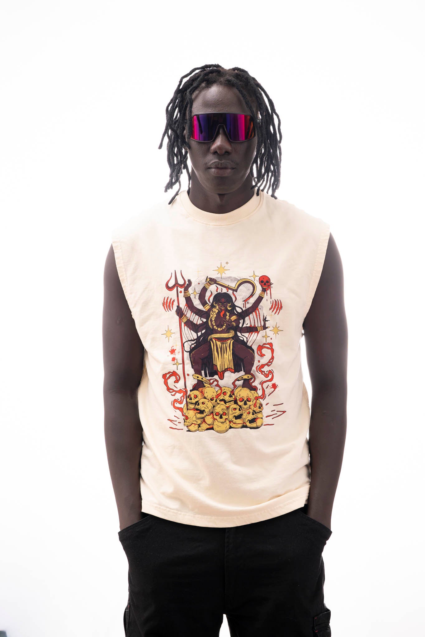 Kali Sleeveless T-Shirt – Light Sandstone (240 GSM French Terry Loopnet) | Sacred Theory