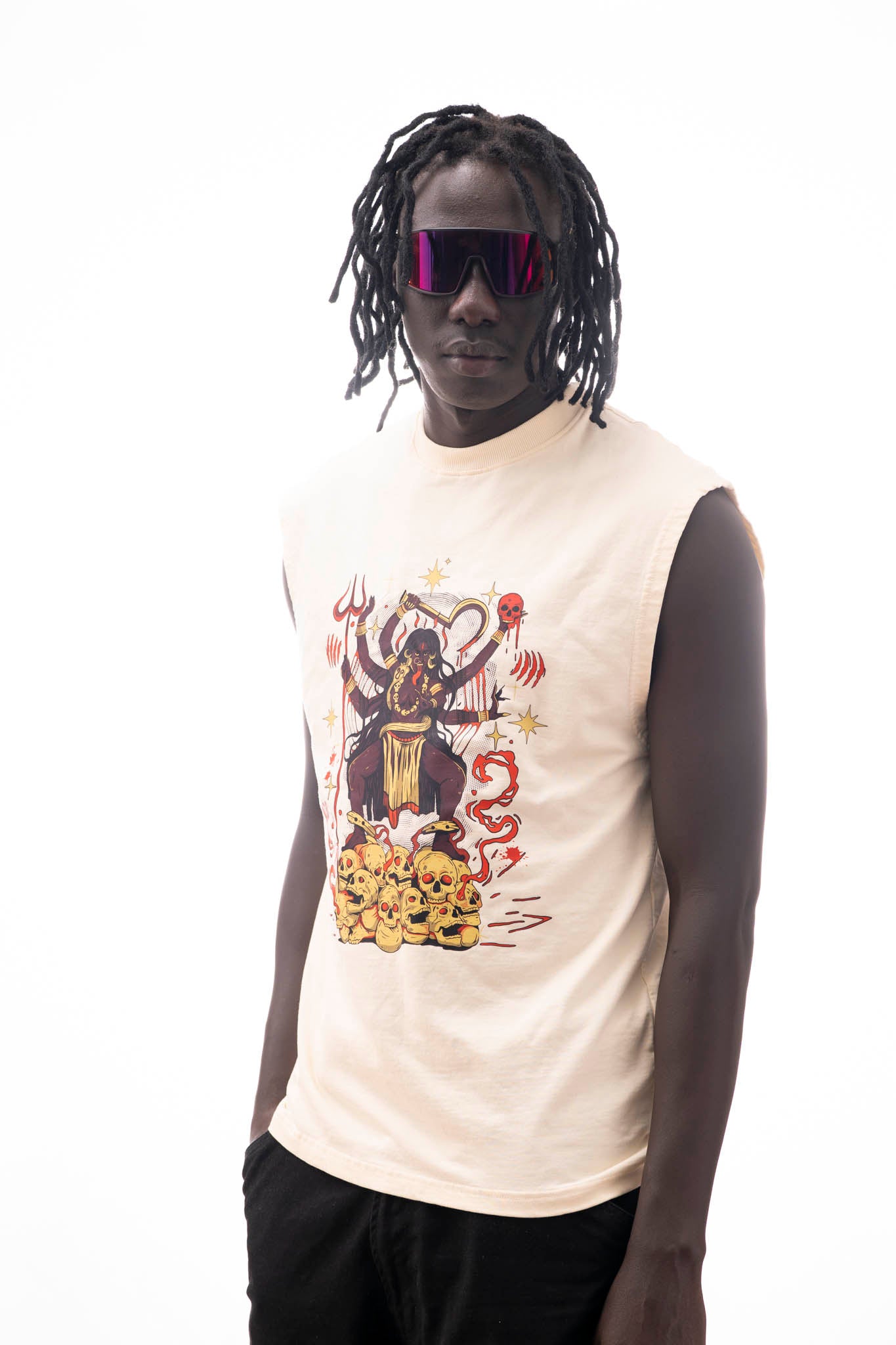 Kali Sleeveless T-Shirt – Light Sandstone (240 GSM French Terry Loopnet) | Sacred Theory