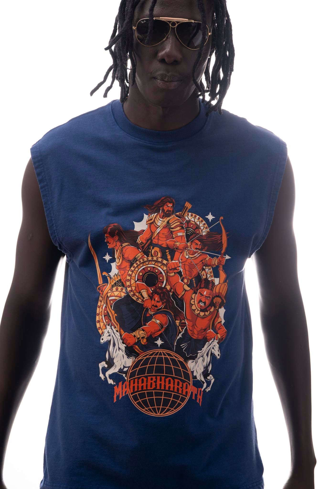 Mahabharata Sleeveless T-Shirt – Dark Blue (240 GSM French Terry Cotton) | Sacred Theory