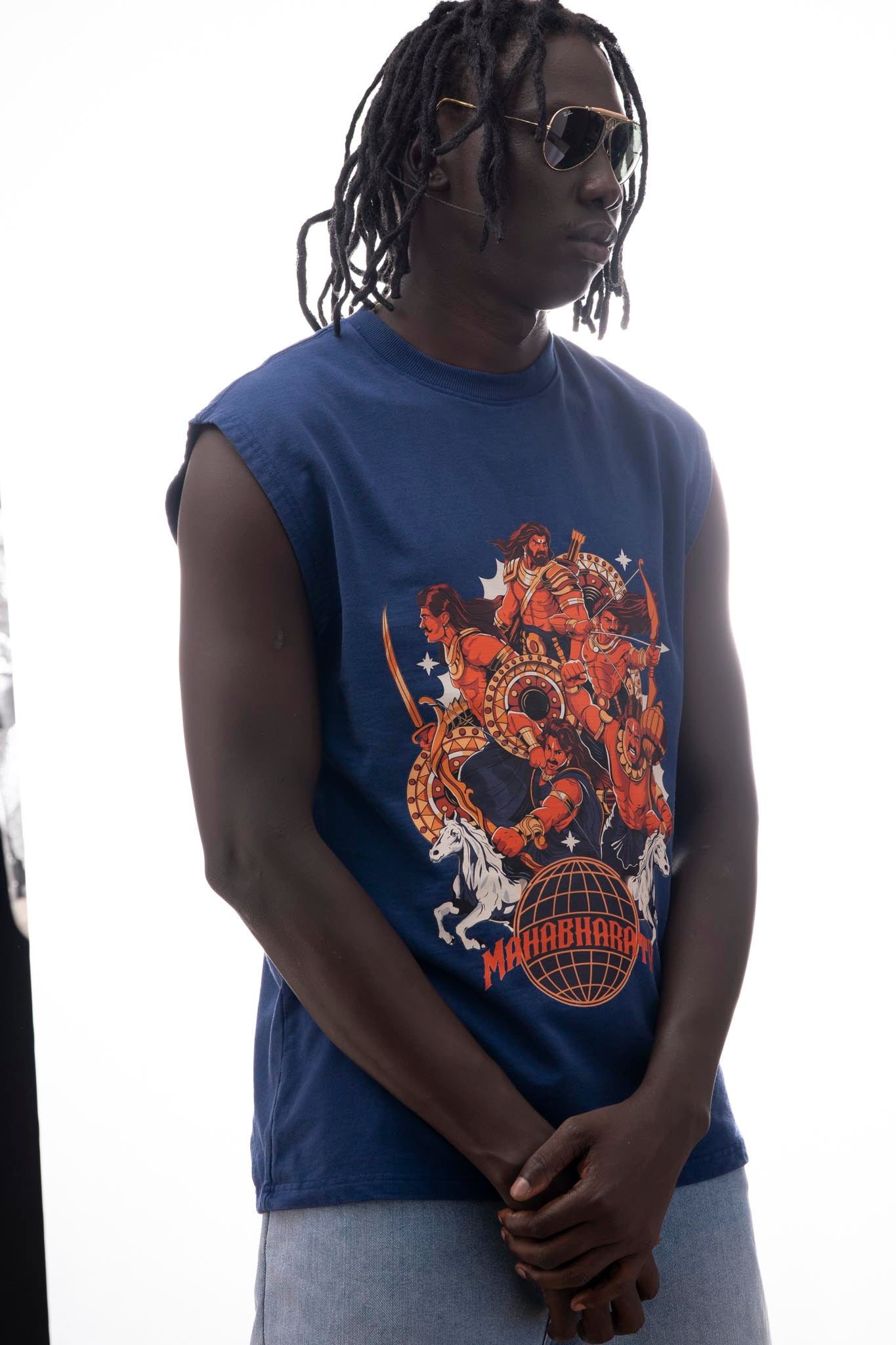 Mahabharata Sleeveless T-Shirt – Dark Blue (240 GSM French Terry Cotton) | Sacred Theory