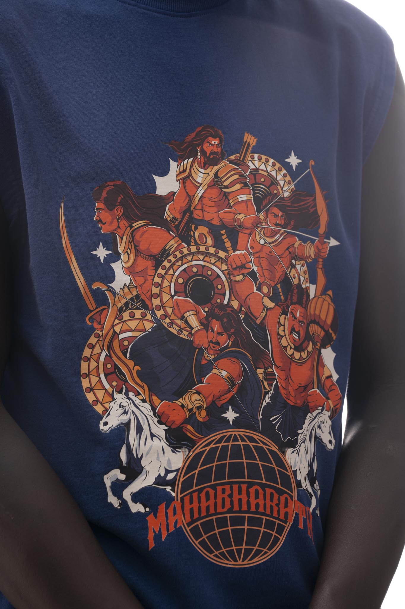 Mahabharata Sleeveless T-Shirt – Dark Blue (240 GSM French Terry Cotton) | Sacred Theory