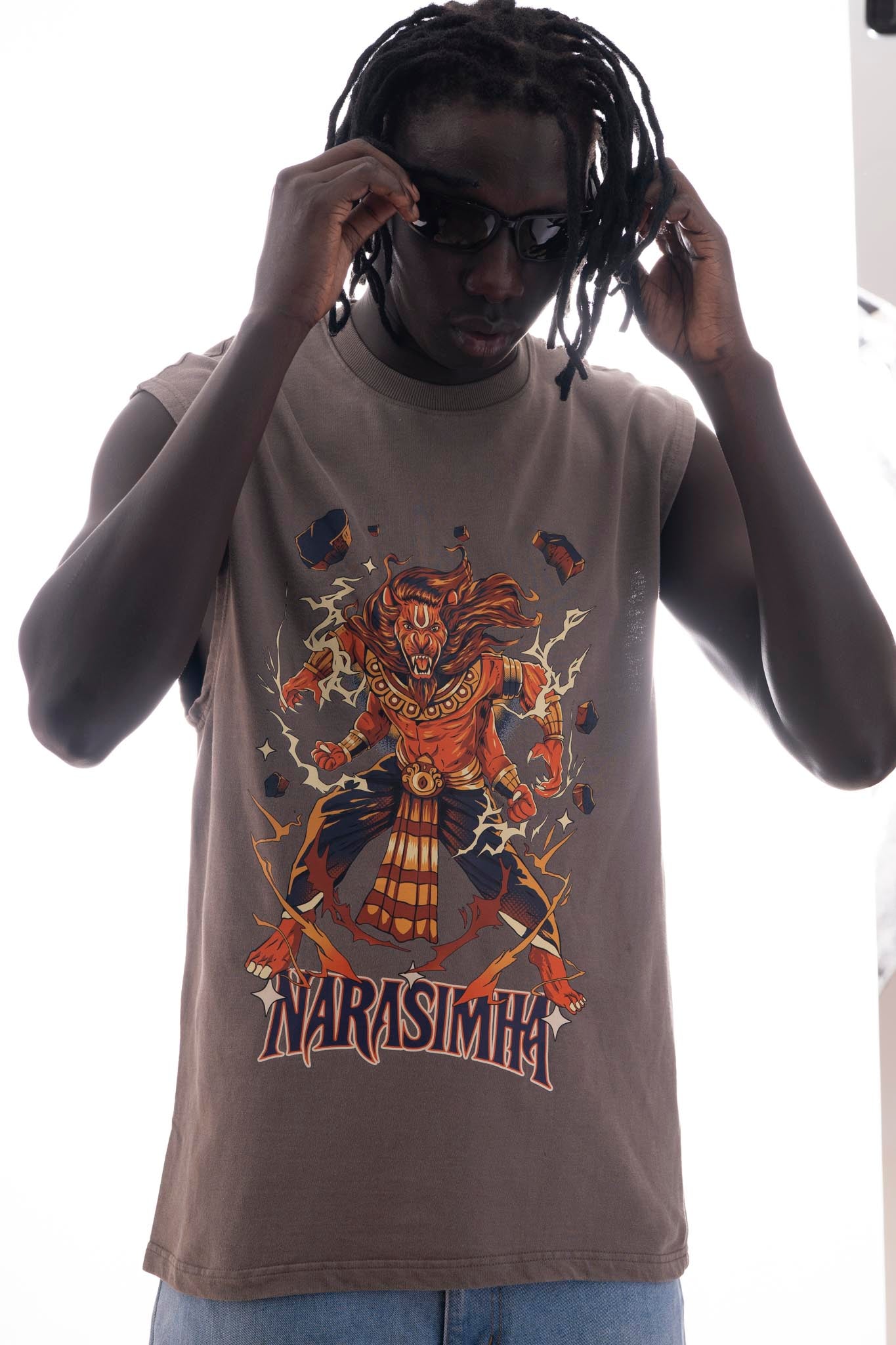 Narasimha Sleeveless T-Shirt – Gray Acid Wash (240 GSM French Terry Cotton) | Sacred Theory