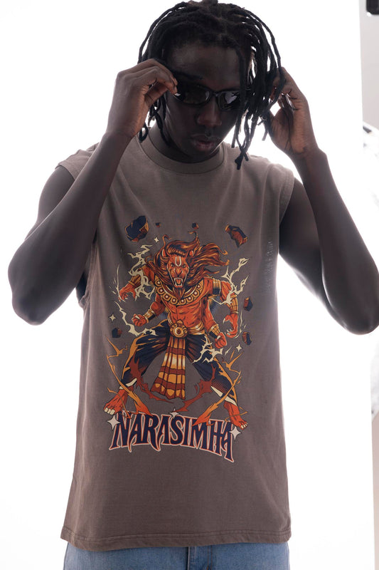 Narasimha Sleeveless T-Shirt – Gray Acid Wash (240 GSM French Terry Cotton) | Sacred Theory