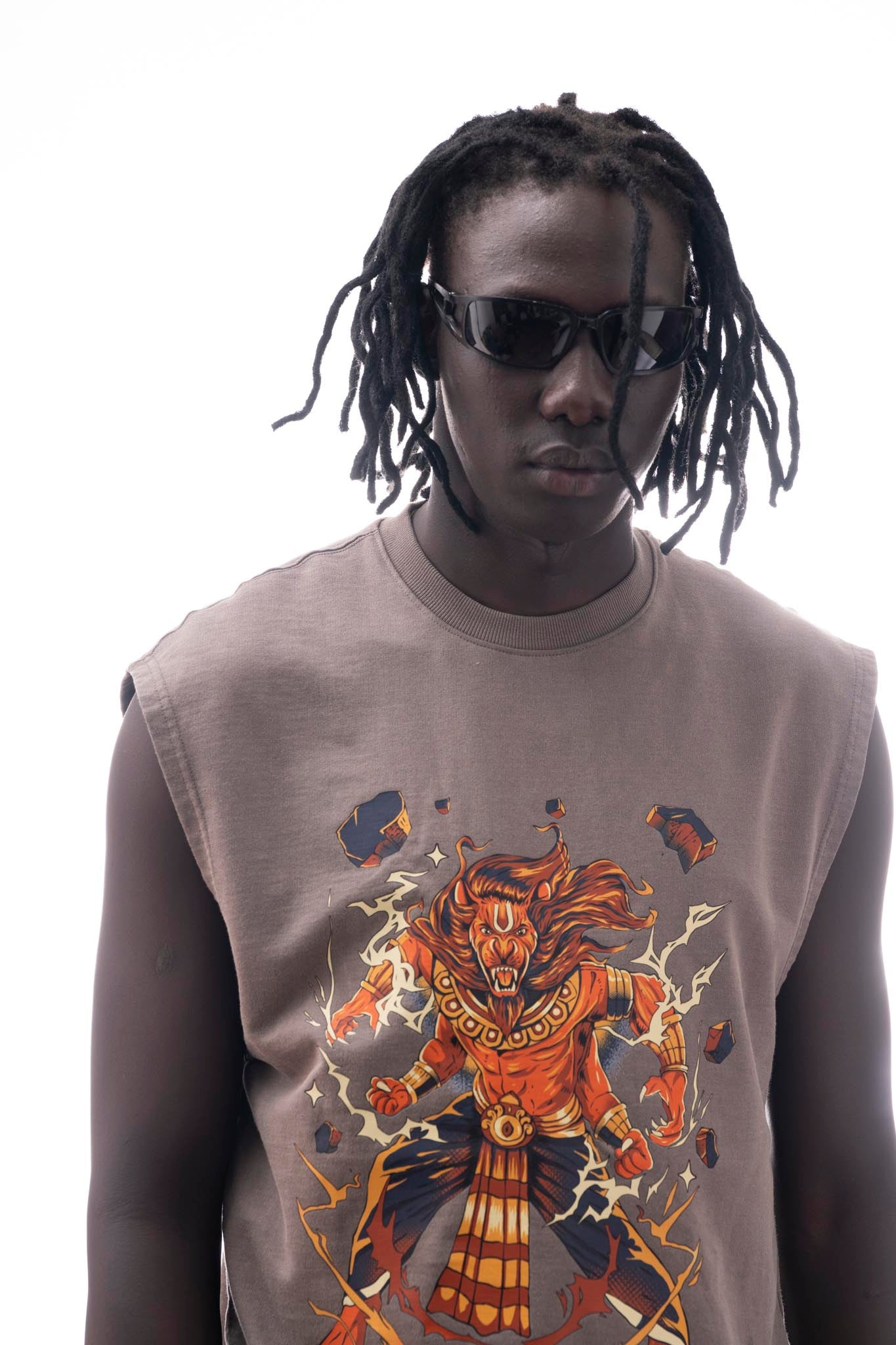 Narasimha Sleeveless T-Shirt – Gray Acid Wash (240 GSM French Terry Cotton) | Sacred Theory