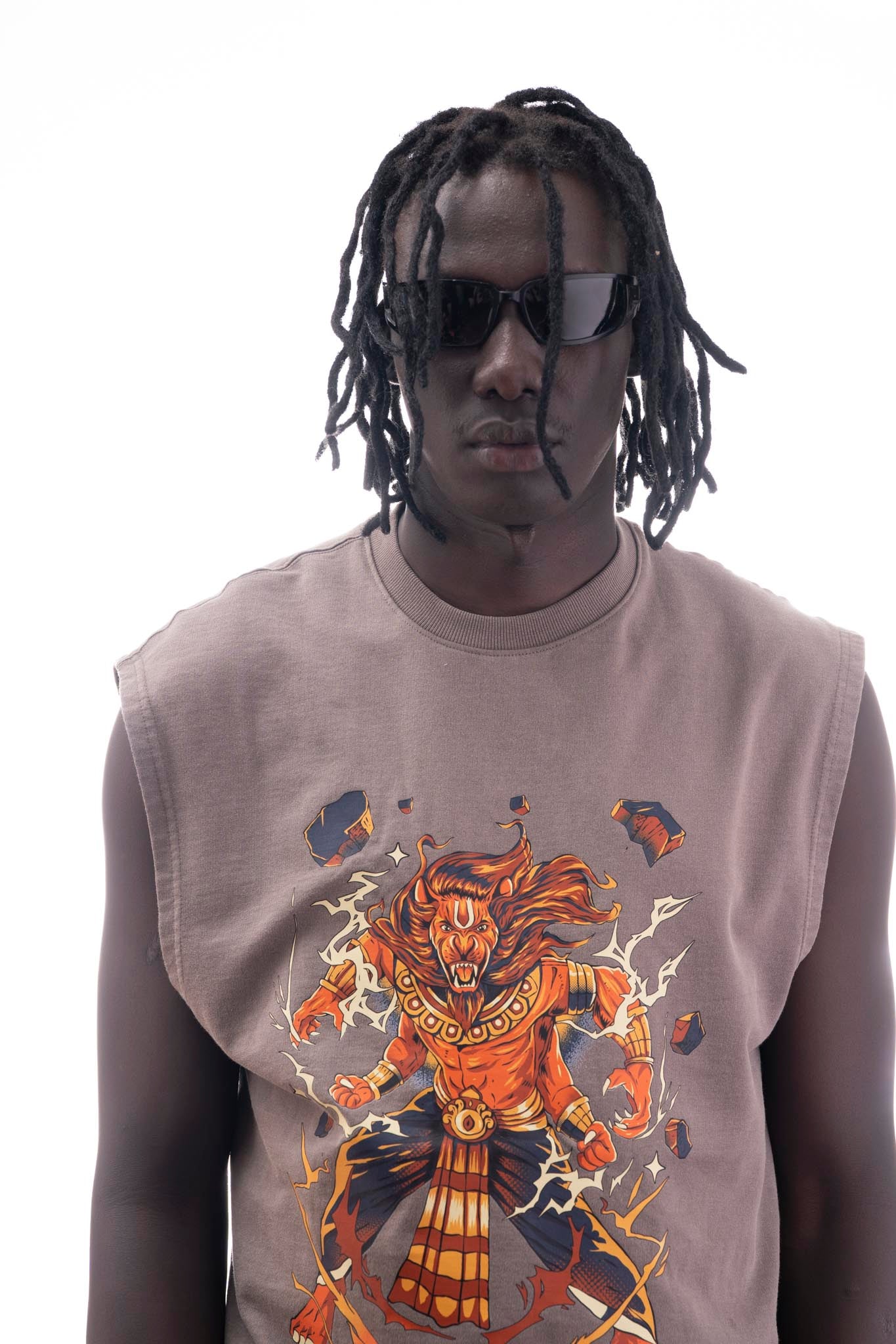 Narasimha Sleeveless T-Shirt – Gray Acid Wash (240 GSM French Terry Cotton) | Sacred Theory