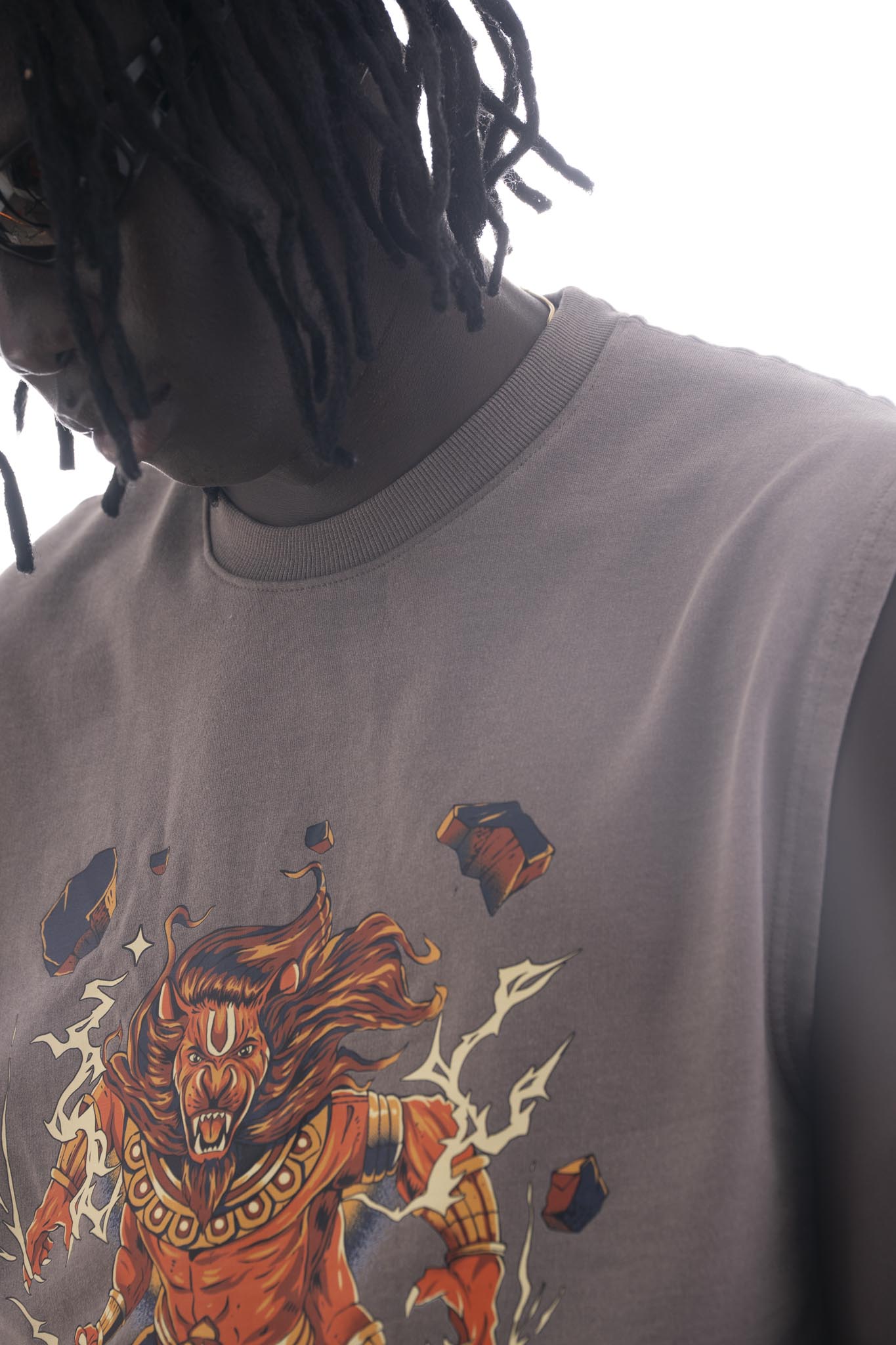 Narasimha Sleeveless T-Shirt – Gray Acid Wash (240 GSM French Terry Cotton) | Sacred Theory