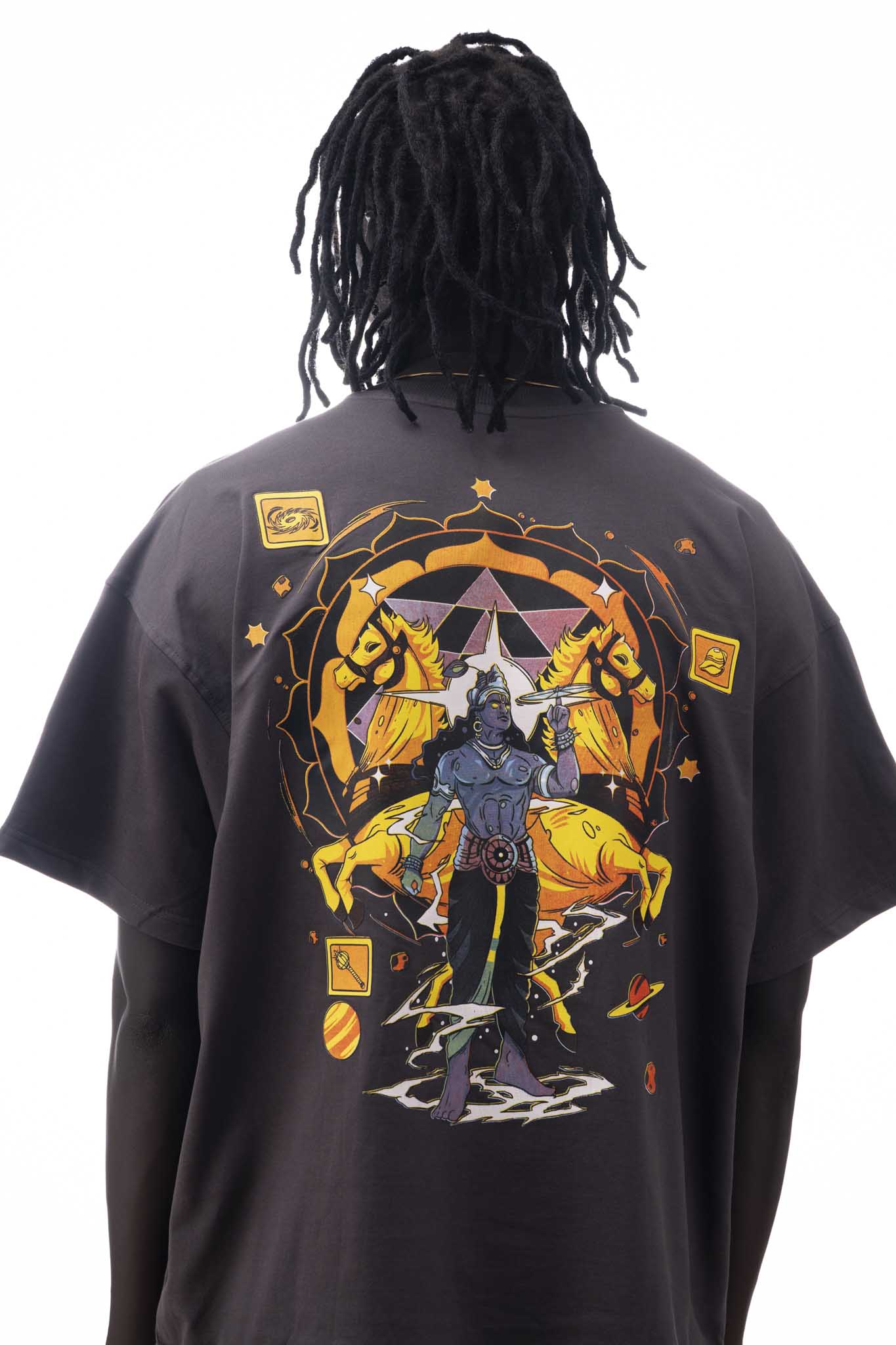 OVER SIZE  GRAY T SHIRT  WITH KRISHNA PRINT ON IT