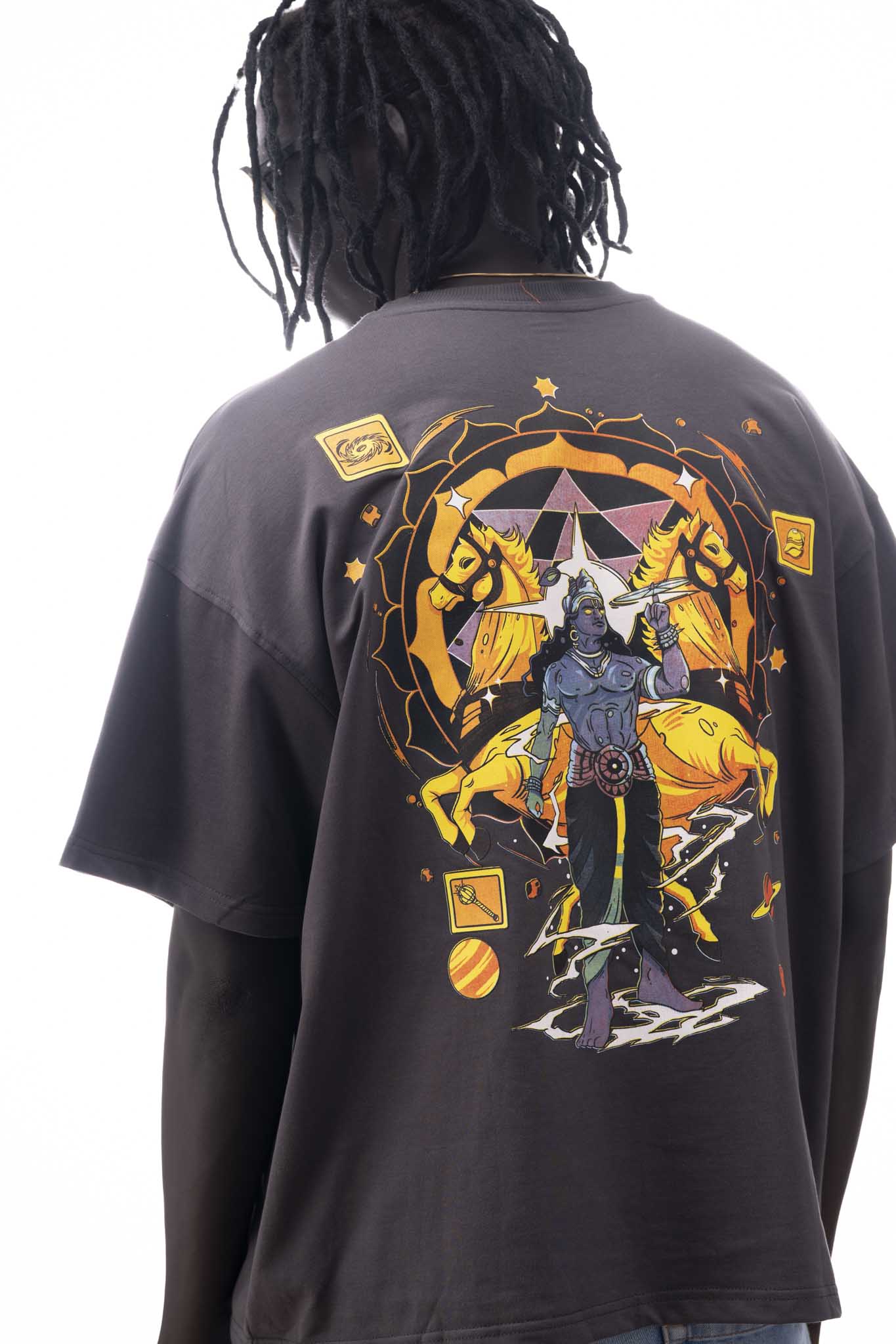 OVER SIZE  GRAY T SHIRT  WITH KRISHNA PRINT ON IT