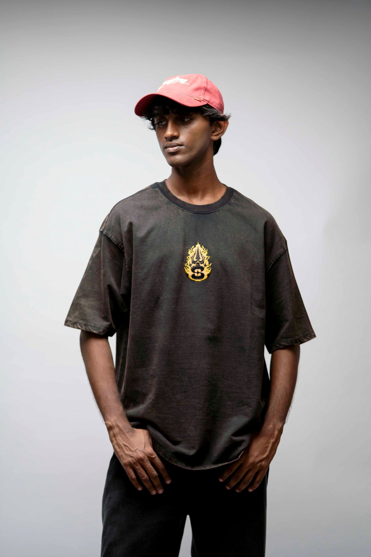 OVERSIZE TEE, Shiva Standing – Black Acid Wash Oversized T-Shir