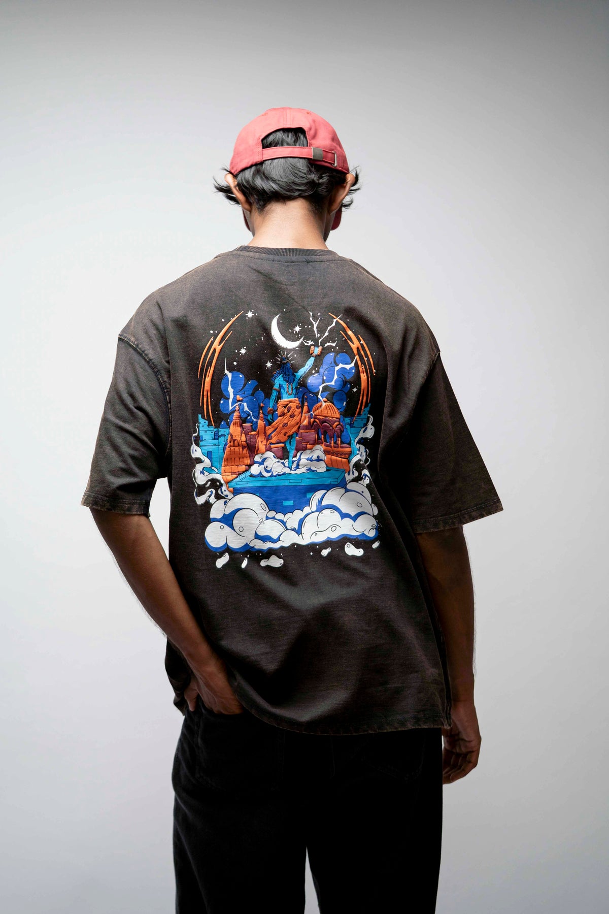 OVERSIZE TEE, Shiva Standing – Black Acid Wash Oversized T-Shir