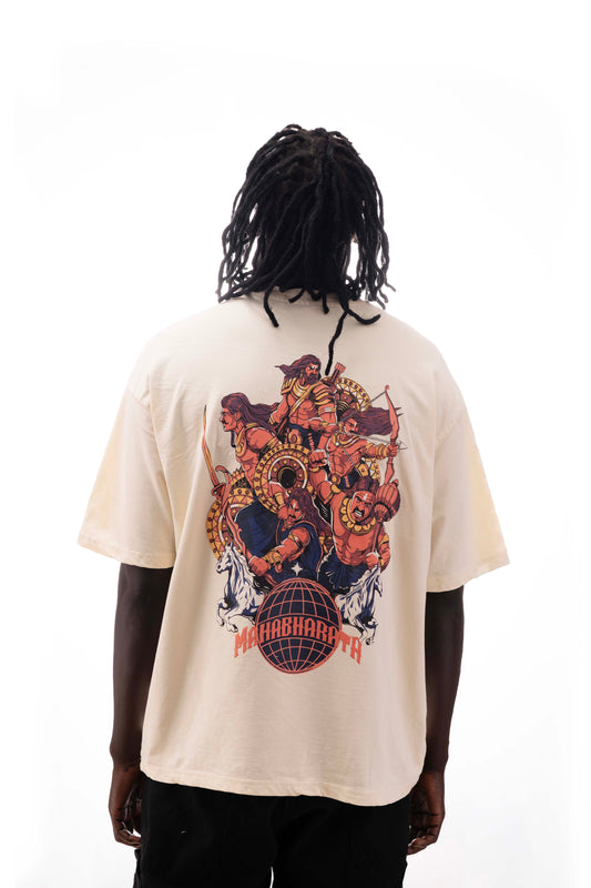 Mahabharata Pandavas Oversized T-Shirt – Sandstone Beige (240 GSM Premium French Terry)